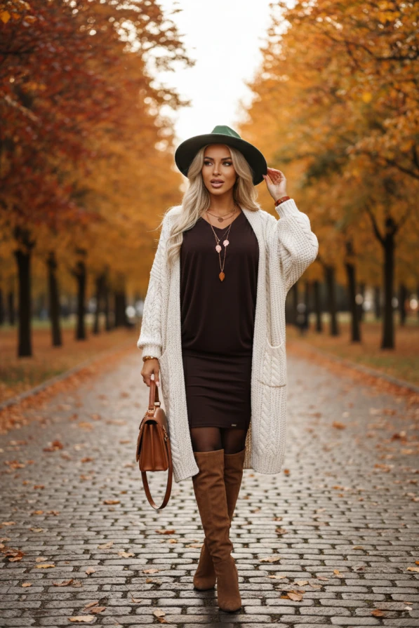 Elegancka kobieta o jasnych włosach w brązowej, zbluzowanej sukience z dekoltem w serek i rękawami typu nietoperz, pozująca w jasnym, minimalistycznym wnętrzu z białymi meblami.