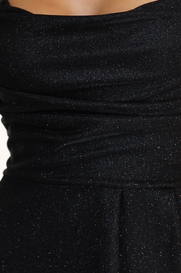 589-1 Дълга рокля с фин блясък и корсетни връзки отзад - черна с брокат